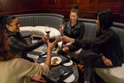 From left, Alicia Cabrera, Ivania Siu,  Mariela Siu and Marissa Prado cheers their wine glasses at the Redwood Room on Wednesday, January in San Francisco, Calif. The Redwood Room at the Clift Hotel reopened after a 4-month renovation.